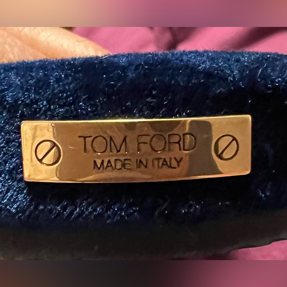 Tom Ford Navy Velvet Slippers with Gold Chain